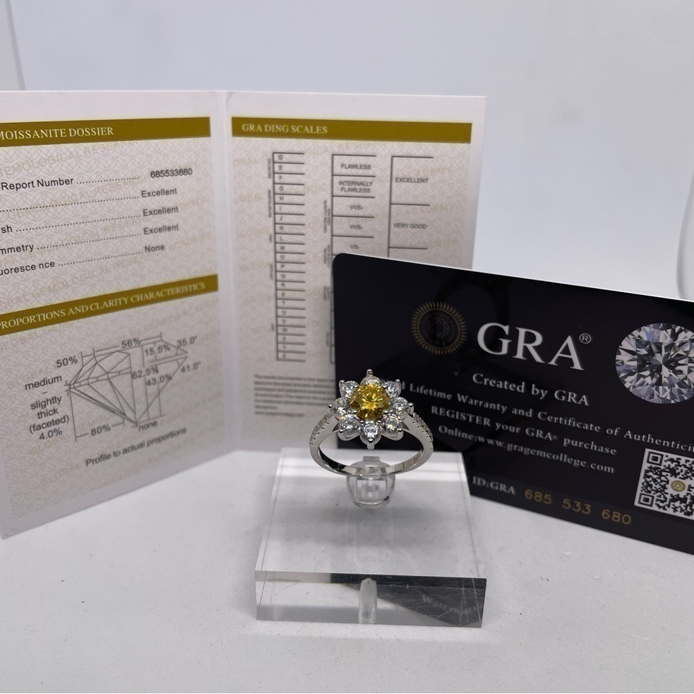 Moissanite Canary Yellow Ring 1 Ct Unique Flower Design 925 18k Brilliant Round - Picture 4 of 11